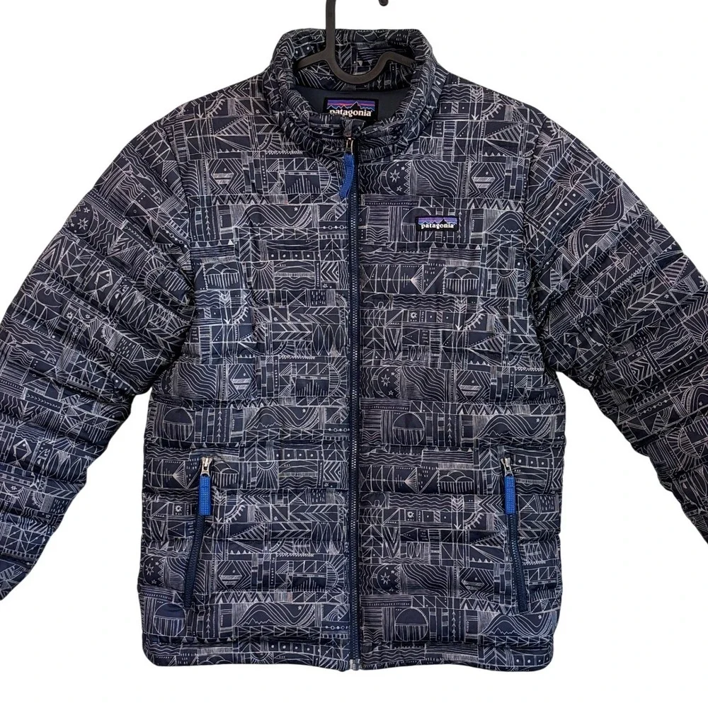 Patagonia Down Sweater Jacket Navy Blue Geometric Kids Large 12 Puffer Zip